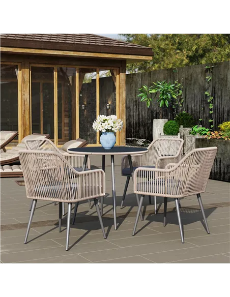 Outsunny 4 Seater Rattan Dining Set, Rattan Garden Furniture Set with Parasol Hole, Outdoor Dining Table and Chairs Set with Cus