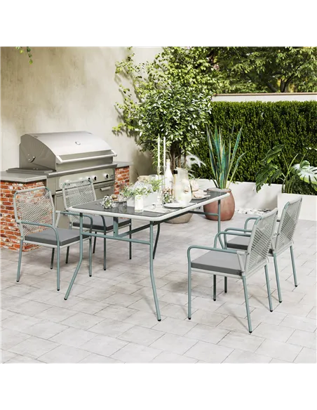 Outsunny Five-Piece PE Rattan Garden Dining Set with Cushions & Stackable Chairs - Light Grey