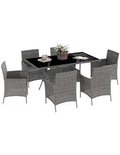 Outsunny 7-Piece Rattan Garden Furniture Set with Cushions, 6 Seater Garden Table and Chairs, Rattan Dining Set with 6 Armchairs