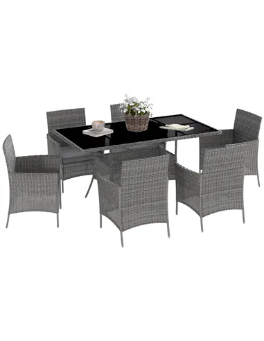 Outsunny 7-Piece Rattan Garden Furniture Set with Cushions, 6 Seater Garden Table and Chairs, Rattan Dining Set with 6 Armchairs