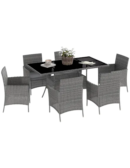 Outsunny 7-Piece Rattan Garden Furniture Set with Cushions, 6 Seater Garden Table and Chairs, Rattan Dining Set with 6 Armchairs