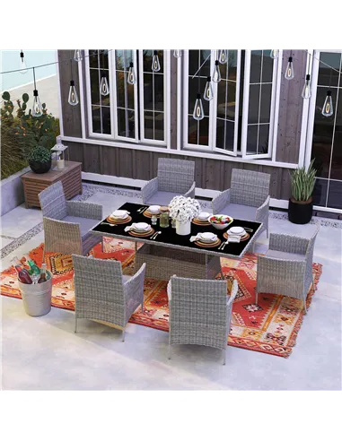 Outsunny 7-Piece Rattan Garden Furniture Set with Cushions, 6 Seater Garden Table and Chairs, Rattan Dining Set with 6 Armchairs