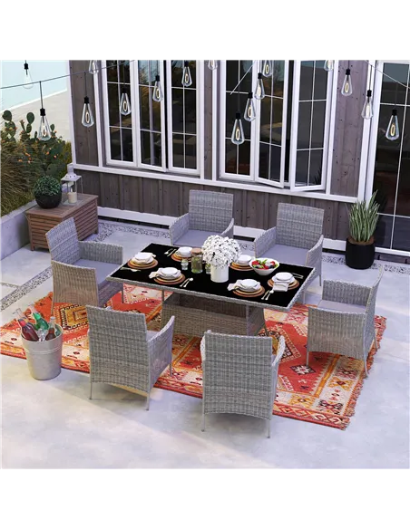 Outsunny 7-Piece Rattan Garden Furniture Set with Cushions, 6 Seater Garden Table and Chairs, Rattan Dining Set with 6 Armchairs