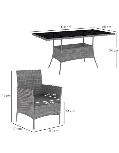 Outsunny 7-Piece Rattan Garden Furniture Set with Cushions, 6 Seater Garden Table and Chairs, Rattan Dining Set with 6 Armchairs
