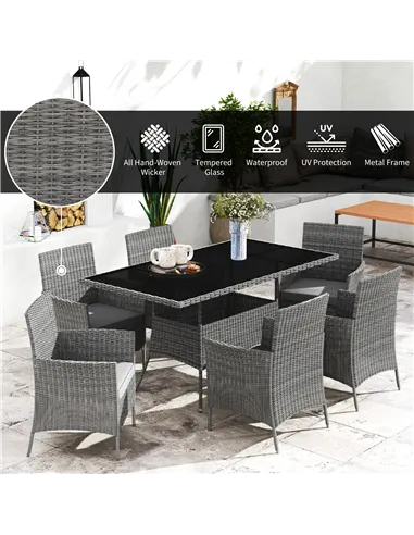 Outsunny 7-Piece Rattan Garden Furniture Set with Cushions, 6 Seater Garden Table and Chairs, Rattan Dining Set with 6 Armchairs