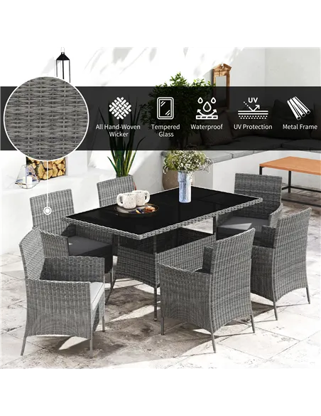 Outsunny 7-Piece Rattan Garden Furniture Set with Cushions, 6 Seater Garden Table and Chairs, Rattan Dining Set with 6 Armchairs