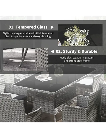 Outsunny 7-Piece Rattan Garden Furniture Set with Cushions, 6 Seater Garden Table and Chairs, Rattan Dining Set with 6 Armchairs