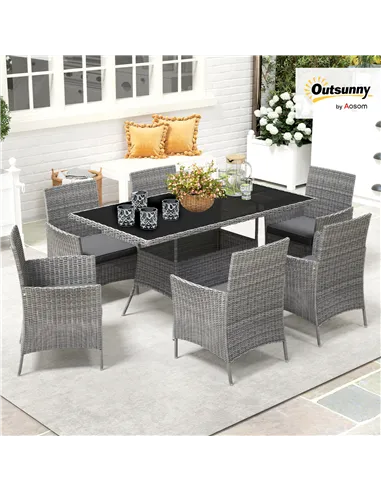 Outsunny 7-Piece Rattan Garden Furniture Set with Cushions, 6 Seater Garden Table and Chairs, Rattan Dining Set with 6 Armchairs
