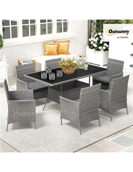 Outsunny 7-Piece Rattan Garden Furniture Set with Cushions, 6 Seater Garden Table and Chairs, Rattan Dining Set with 6 Armchairs