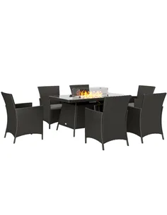 Outsunny 7 Pieces Outdoor Rattan Garden Furniture with Fire Pit Table, 6 Seater Garden Table and Chairs with Cushions, Rattan Di