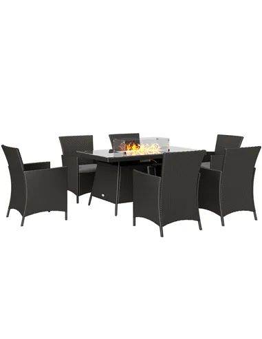 Outsunny 7 Pieces Outdoor Rattan Garden Furniture with Fire Pit Table, 6 Seater Garden Table and Chairs with Cushions, Rattan Di