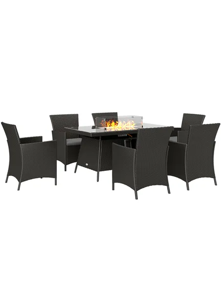 Outsunny 7 Pieces Outdoor Rattan Garden Furniture with Fire Pit Table, 6 Seater Garden Table and Chairs with Cushions, Rattan Di