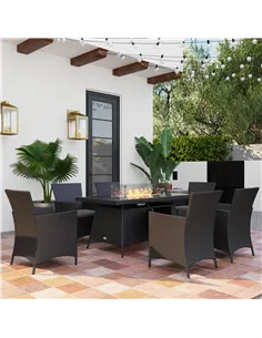 Outsunny 7 Pieces Outdoor Rattan Garden Furniture with Fire Pit Table, 6 Seater Garden Table and Chairs with Cushions, Rattan Di 2