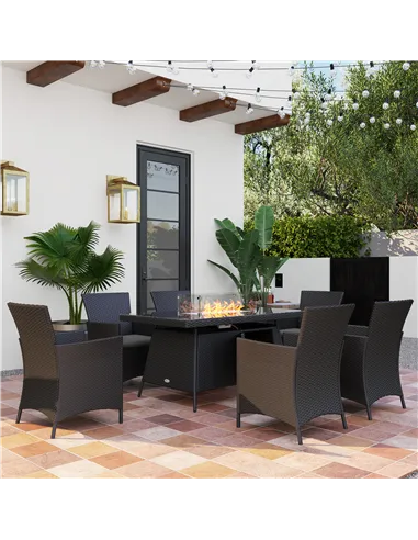 Outsunny 7 Pieces Outdoor Rattan Garden Furniture with Fire Pit Table, 6 Seater Garden Table and Chairs with Cushions, Rattan Di