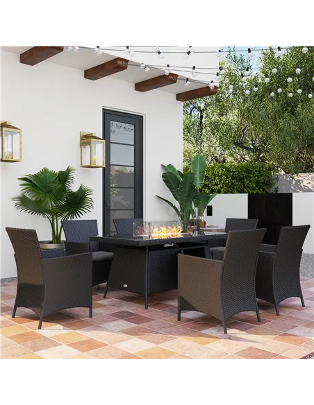 Outsunny 7 Pieces Outdoor Rattan Garden Furniture with Fire Pit Table, 6 Seater Garden Table and Chairs with Cushions, Rattan Di