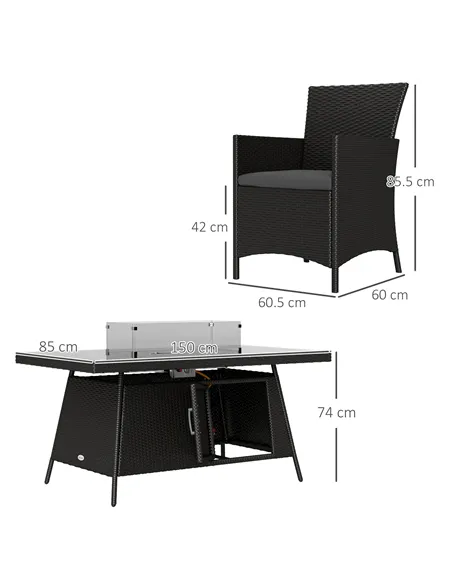 Outsunny 7 Pieces Outdoor Rattan Garden Furniture with Fire Pit Table, 6 Seater Garden Table and Chairs with Cushions, Rattan Di