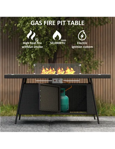 Outsunny 7 Pieces Outdoor Rattan Garden Furniture with Fire Pit Table, 6 Seater Garden Table and Chairs with Cushions, Rattan Di