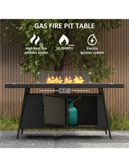 Outsunny 7 Pieces Outdoor Rattan Garden Furniture with Fire Pit Table, 6 Seater Garden Table and Chairs with Cushions, Rattan Di