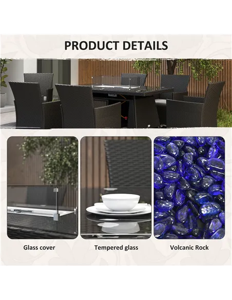 Outsunny 7 Pieces Outdoor Rattan Garden Furniture with Fire Pit Table, 6 Seater Garden Table and Chairs with Cushions, Rattan Di