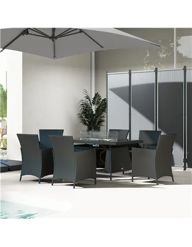 Outsunny 7 Pieces Outdoor Rattan Garden Furniture with Fire Pit Table, 6 Seater Garden Table and Chairs with Cushions, Rattan Di