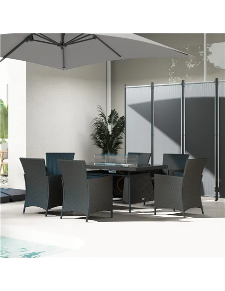 Outsunny 7 Pieces Outdoor Rattan Garden Furniture with Fire Pit Table, 6 Seater Garden Table and Chairs with Cushions, Rattan Di