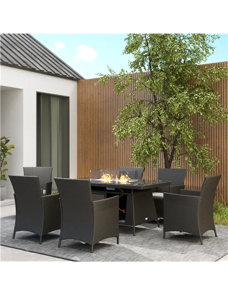 Outsunny 7 Pieces Outdoor Rattan Garden Furniture with Fire Pit Table, 6 Seater Garden Table and Chairs with Cushions, Rattan Di