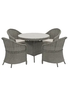 Outsunny 4 Seater Rattan Garden Furniture Set with Cushions, Round PE Rattan Dining Set with Glass-Top Table, Umbrella Hole, Out