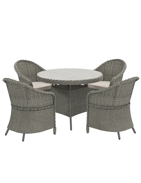 Outsunny 4 Seater Rattan Garden Furniture Set with Cushions, Round PE Rattan Dining Set with Glass-Top Table, Umbrella Hole, Out