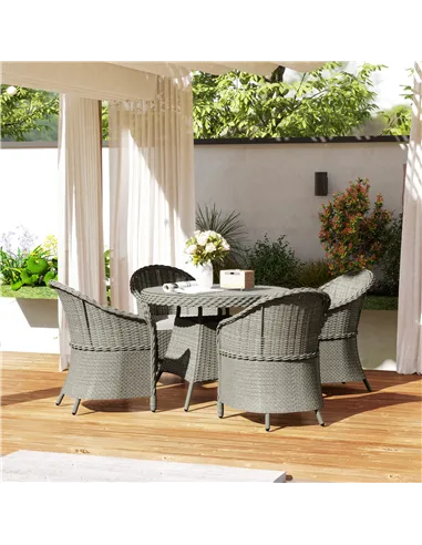 Outsunny 4 Seater Rattan Garden Furniture Set with Cushions, Round PE Rattan Dining Set with Glass-Top Table, Umbrella Hole, Out