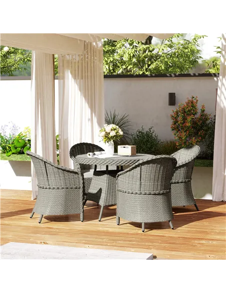 Outsunny 4 Seater Rattan Garden Furniture Set with Cushions, Round PE Rattan Dining Set with Glass-Top Table, Umbrella Hole, Out