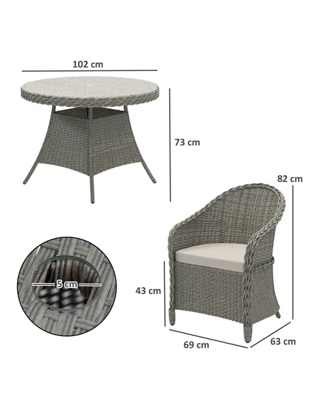 Outsunny 4 Seater Rattan Garden Furniture Set with Cushions, Round PE Rattan Dining Set with Glass-Top Table, Umbrella Hole, Out