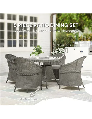 Outsunny 4 Seater Rattan Garden Furniture Set with Cushions, Round PE Rattan Dining Set with Glass-Top Table, Umbrella Hole, Out