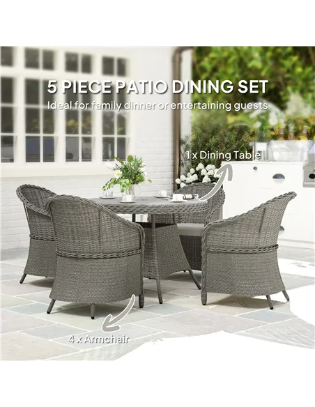 Outsunny 4 Seater Rattan Garden Furniture Set with Cushions, Round PE Rattan Dining Set with Glass-Top Table, Umbrella Hole, Out