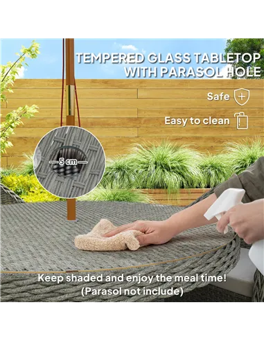 Outsunny 4 Seater Rattan Garden Furniture Set with Cushions, Round PE Rattan Dining Set with Glass-Top Table, Umbrella Hole, Out