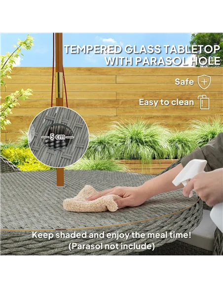 Outsunny 4 Seater Rattan Garden Furniture Set with Cushions, Round PE Rattan Dining Set with Glass-Top Table, Umbrella Hole, Out