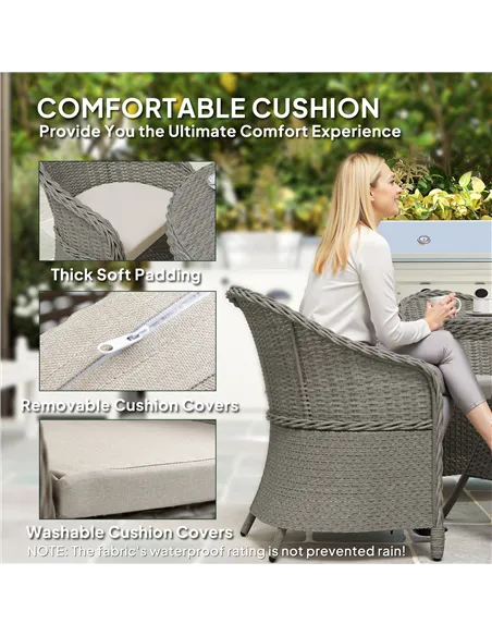 Outsunny 4 Seater Rattan Garden Furniture Set with Cushions, Round PE Rattan Dining Set with Glass-Top Table, Umbrella Hole, Out