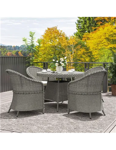 Outsunny 4 Seater Rattan Garden Furniture Set with Cushions, Round PE Rattan Dining Set with Glass-Top Table, Umbrella Hole, Out