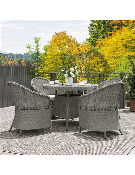 Outsunny 4 Seater Rattan Garden Furniture Set with Cushions, Round PE Rattan Dining Set with Glass-Top Table, Umbrella Hole, Out