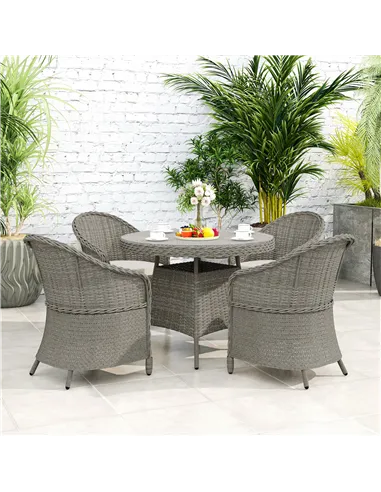 Outsunny 4 Seater Rattan Garden Furniture Set with Cushions, Round PE Rattan Dining Set with Glass-Top Table, Umbrella Hole, Out