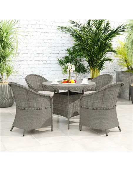 Outsunny 4 Seater Rattan Garden Furniture Set with Cushions, Round PE Rattan Dining Set with Glass-Top Table, Umbrella Hole, Out