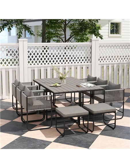 Outsunny 10 Seater Rattan Cube Garden Furniture Set, Rattan Dining Set with Cushions, Outdoor Dining Table and Chairs with 6 Arm