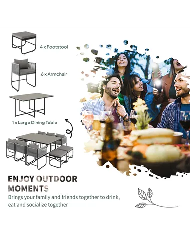 Outsunny 10 Seater Rattan Cube Garden Furniture Set, Rattan Dining Set with Cushions, Outdoor Dining Table and Chairs with 6 Arm