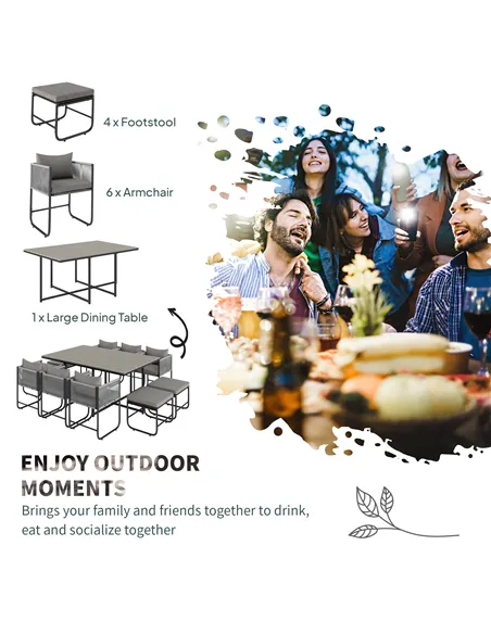 Outsunny 10 Seater Rattan Cube Garden Furniture Set, Rattan Dining Set with Cushions, Outdoor Dining Table and Chairs with 6 Arm