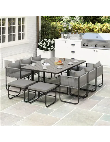 Outsunny 10 Seater Rattan Cube Garden Furniture Set, Rattan Dining Set with Cushions, Outdoor Dining Table and Chairs with 6 Arm