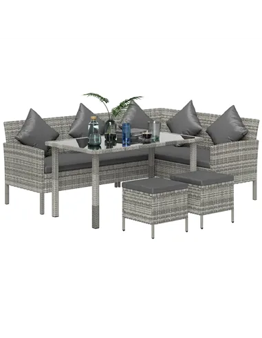 Outsunny tsunny 6-Seater Rattan Dining Set Sofa Table Footstool Outdoor w/ Cushion Garden Furniture, Dark Grey