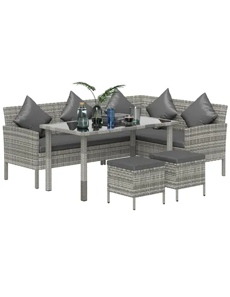 Outsunny tsunny 6-Seater Rattan Dining Set Sofa Table Footstool Outdoor w/ Cushion Garden Furniture, Dark Grey
