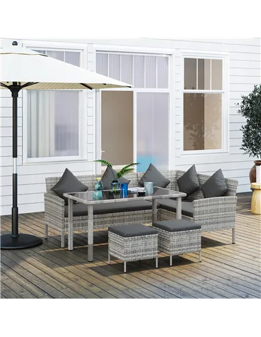 Outsunny tsunny 6-Seater Rattan Dining Set Sofa Table Footstool Outdoor w/ Cushion Garden Furniture, Dark Grey