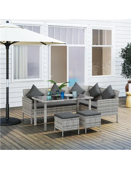 Outsunny tsunny 6-Seater Rattan Dining Set Sofa Table Footstool Outdoor w/ Cushion Garden Furniture, Dark Grey