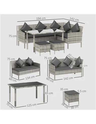 Outsunny tsunny 6-Seater Rattan Dining Set Sofa Table Footstool Outdoor w/ Cushion Garden Furniture, Dark Grey