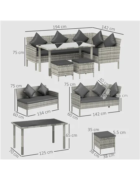 Outsunny tsunny 6-Seater Rattan Dining Set Sofa Table Footstool Outdoor w/ Cushion Garden Furniture, Dark Grey